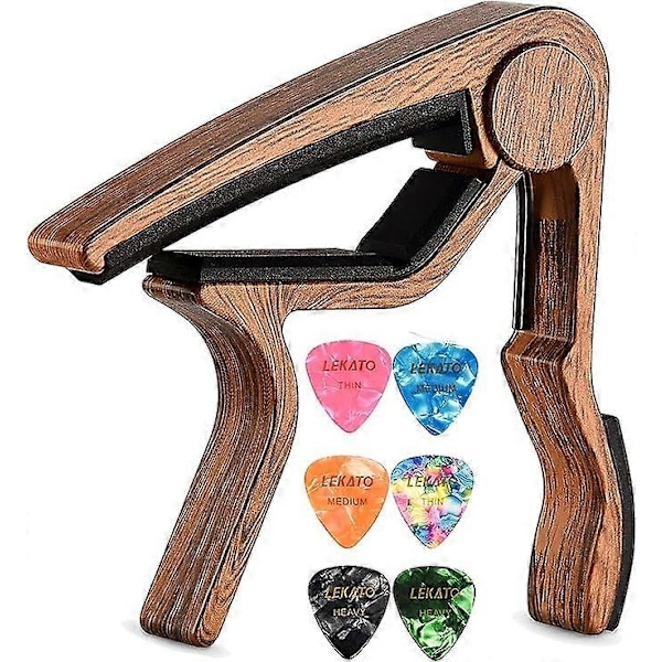 Gitarr Capo med 6 Gitarrplektrum, Ukulele Capo Akustisk Elektrisk Gitarr Clip Snabbt Byte Capo Clamp för Akustiska Elektriska Gitarrer wooden