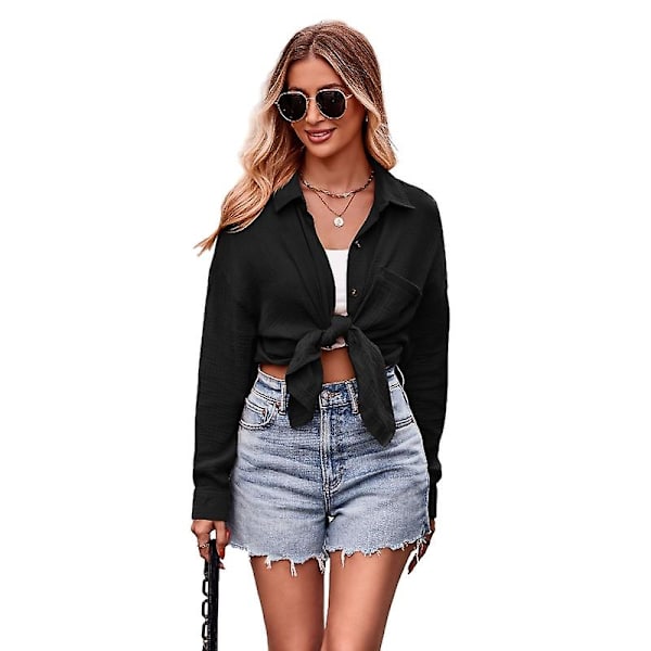 Dam Casual Långärmad Skjortor, Lös Passform Krage Skjorta Toppar Black 2XL