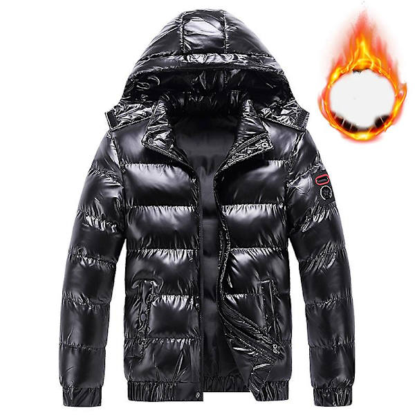 Herr glänsande dunjacka avtagbar huva vinter tjock värme pufferjacka Black 2XL