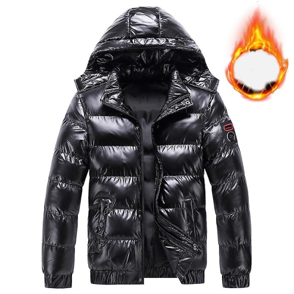 Herr glänsande dunjacka avtagbar huva vinter tjock värme pufferjacka Black XL