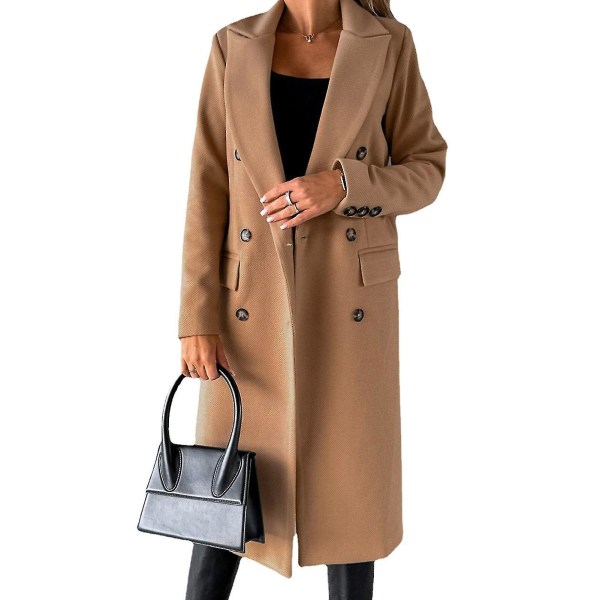 Varm vinterkåpe for kvinner med dobbelknepping og stikklommer for kvinners vinterantrekk 2XL Khaki