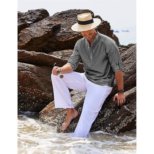 Herr Casual Button Down Skjortor, Långärmad Stående Krage Business Skjorta Khaki 4XL