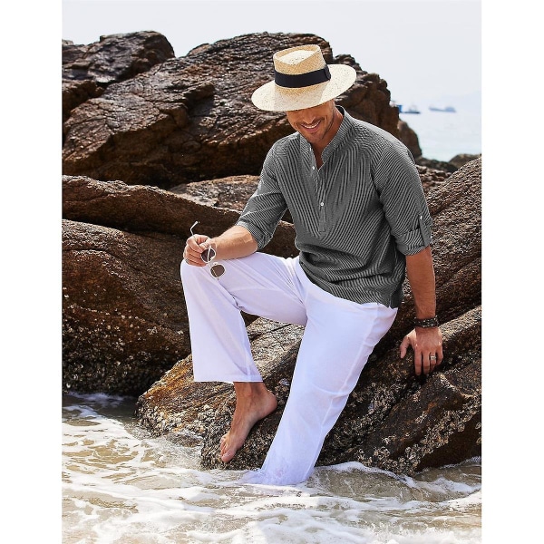 Herr Casual Button Down Skjortor, Långärmad Stående Krage Business Skjorta Khaki L