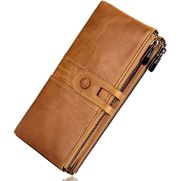 Ekte Skinn Dame Lommebøker Multifunksjonell Slank Bifold Glidelås Clutch Veske Stor Kapasitet Kortholder Med Rfid (brun) Brown
