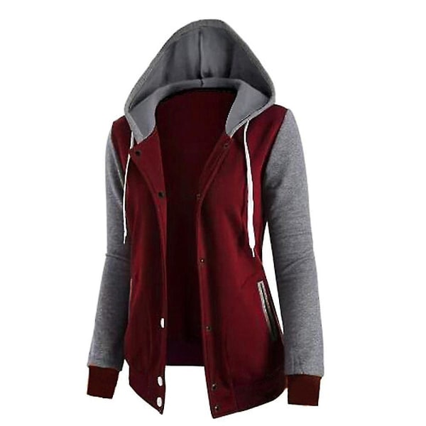 Sweatshirt til kvinder Patchwork Hætte Langærmet Firdobbelt-knap Top Jakke L Red