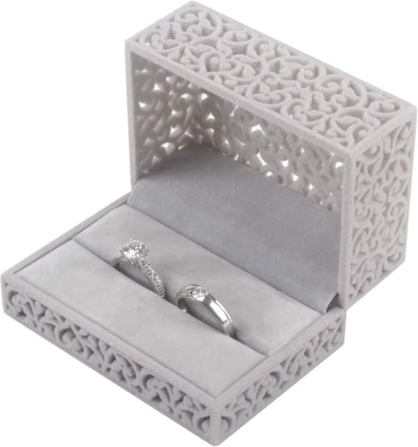 Hul Grå Velour Ringæske - Dobbelt Ringbæreræske til Bryllup, Forlovelsesgave (grå)