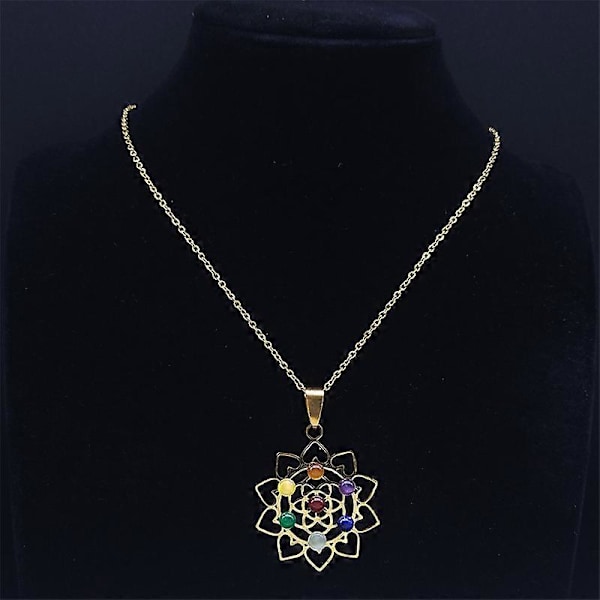 Helig Geometri 7 Chakra Metatron Hjärthalsband Livets Blomma Rostfritt Stål Opalsten Halsband Reiki Healing Smycken N1120S C 50CM O GD