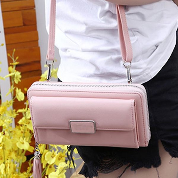 Kvinnors PU Crossbody-väska med dragkedja och justerbar rem Touch Screen Mobiltelefon Axelväska för Pink
