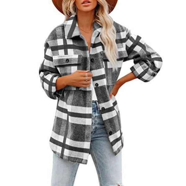 Flanelljakke for kvinner, løs modell, nedbrettskrage, rutemønster, enkelknepping, avslappet XL Gray