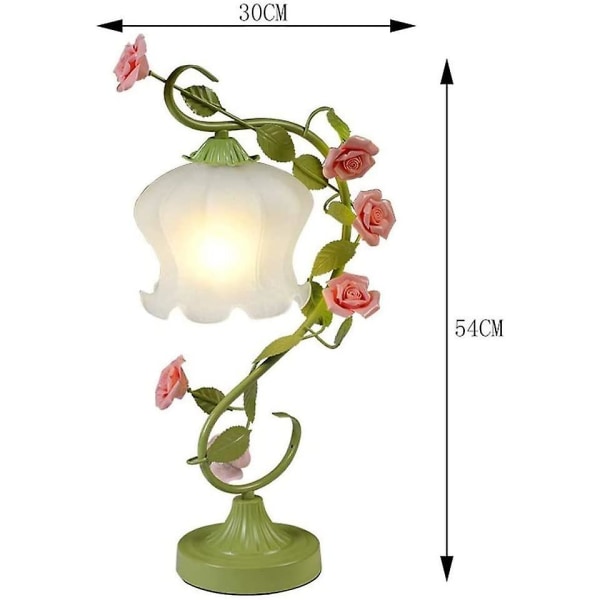Skrivbordslampa bordslampa i koreansk stil Delikat smycken Blomformad frostat glas lampskärm |grön metall rotting rosa keramiska rosor dekoration