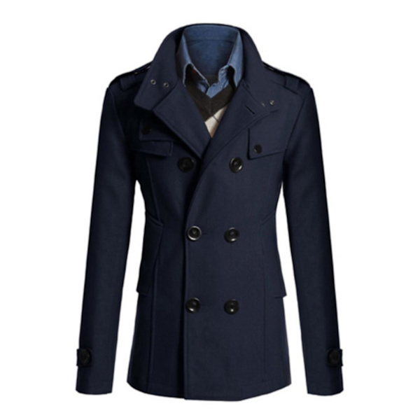 Herr Dubbelknäppt Vinterjacka Vintage Mode Trenchcoat Enfärgad XL Navy Blue