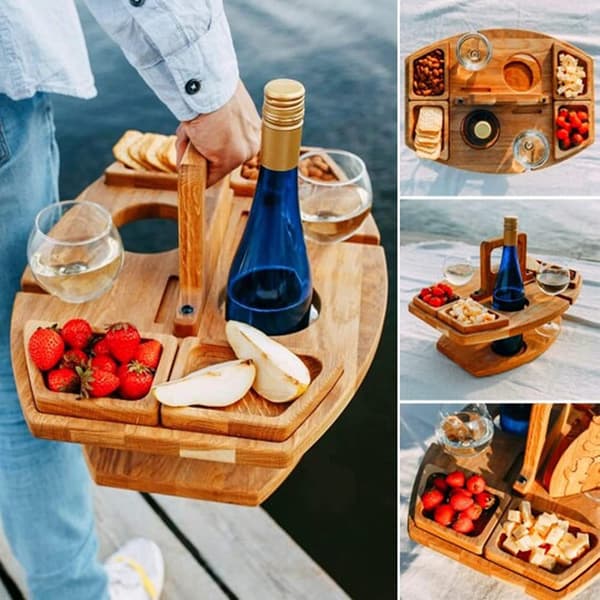 Träbricka för frukt och vinbricka för picknick utomhus och bärbarhet