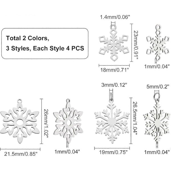 24 st 3 Stilar Gyllene och Rostfritt Stål Färg Jul Snöflinga Berlocker Vinter Snö Berlocker Julhelg Hängen för Armband Halsband Smycken Maki