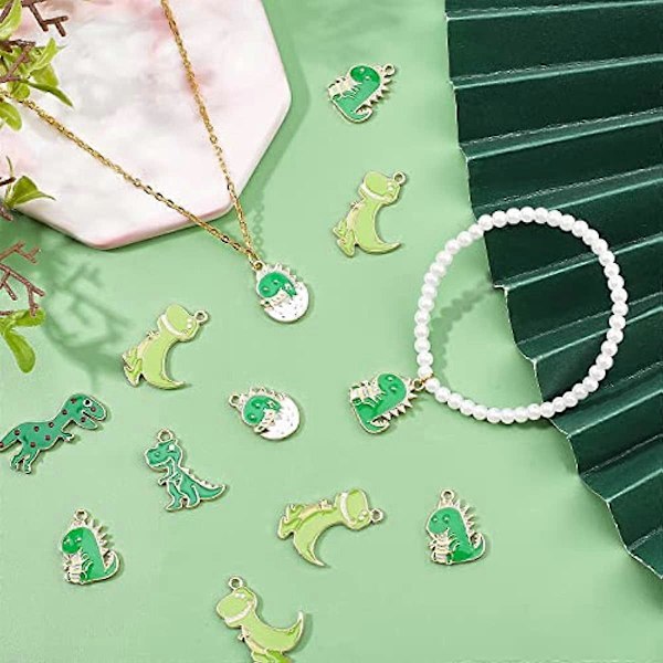 50 stk. 5 Stilarter Grønne Dinosaur Charms Legering Emalje Vedhæng Lys Guld Emalje Hænge Vedhæng til DIY Halskæder Armbånd Smykkefremstilling