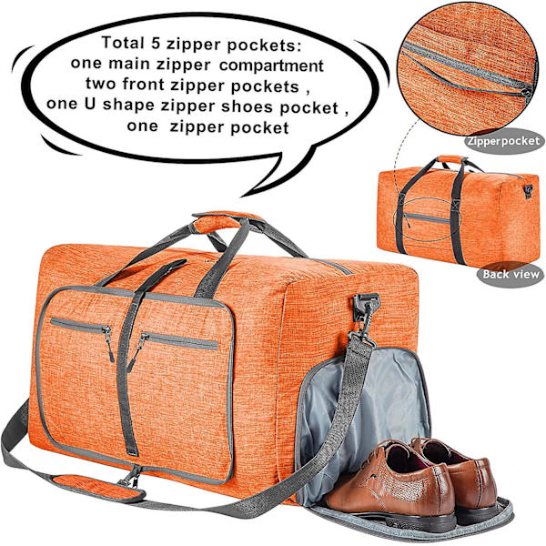 Reise-Dufflebag for menn, 65l sammenleggbar reise-duffelbag med sko-rom nattpose for menn kvinner vanntett og rivebestandig orange