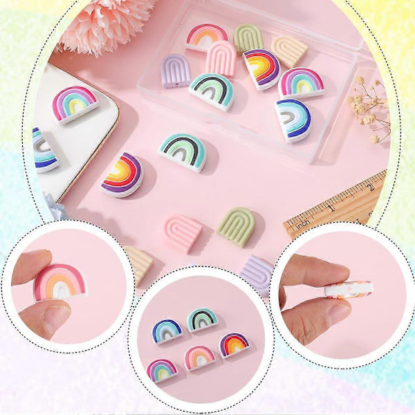 1 Eske 20 stk. Silikon Fokuseringsperler Regnbue Fargerike Tykke Perler Bulk Dobbeltsidig Rosa Lilla Regnbueformede Flate Charms Store Gummikuler for Nøkkelbånd