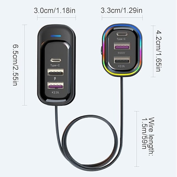 Bil-USB-laddare Multi Port,Bil-laddare USB C | 66W Supersnabb Multi Port Billaddare Adapter