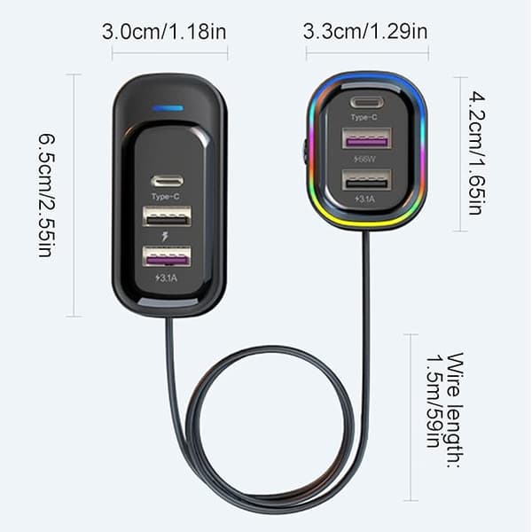 Bil-USB-lader Multi Port, Billader USB C | 66W Superrask Multi Port Billader Adapter