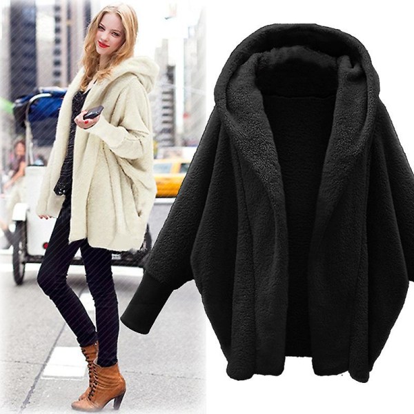 Dame Vinter Fuzzy Fleece Frakke, Åben Front Hætte Cardigans Jakke Black L