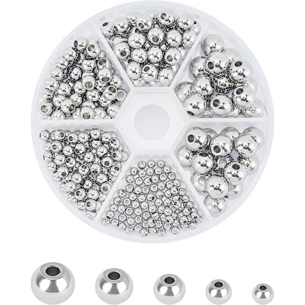 Cirka 290 st Runda Distanspärlor i Rostfritt Stål, 5 Storlekar, Lösa Pärlor 3/4/5/6/8mm Runda Pärlor för DIY Armband Halsband Smyckestillverkning Rostfritt