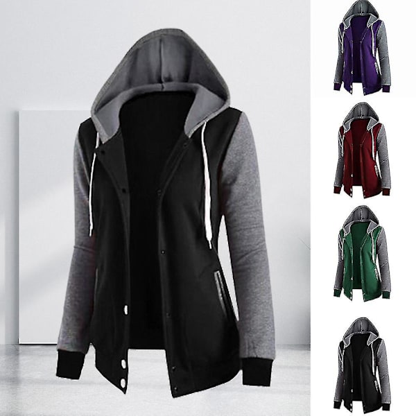 Sweatshirt til kvinder Patchwork Hætte Langærmet Firdobbelt-knap Top Jakke L Red