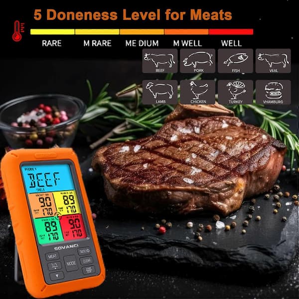 Trådløst kødtermometer med farveskærm til grill og rygning, 4 temperaturprober madtermometer til udendørs grill, BBQ-termometer