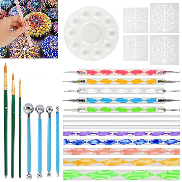 Dotting Tools -sarjat, 25 osainen Mandala Dotting Tools -setti, Dotting-kynät, siveltimet, sapluuna, pallokynä, maalausalusta
