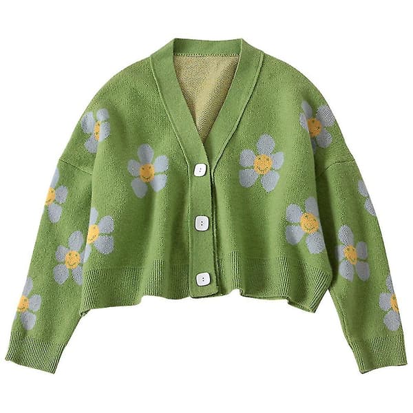 Dame Floral V-hals Cardigans Sweater Strik Langærmet Til Efterår Green