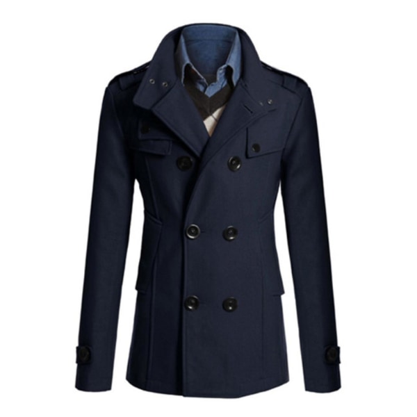 Dubbelknäppt vinterjacka för män Vintage mode trenchcoat enfärgad 2XL Navy Blue