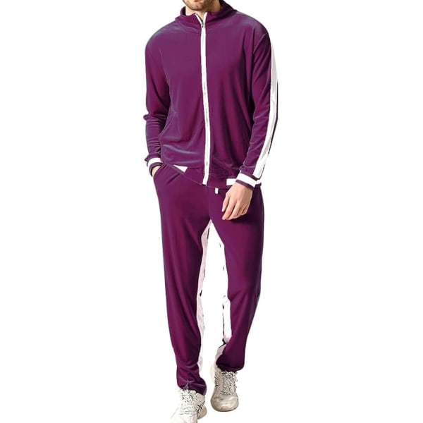 Mjukisdress i sammet för män, avslappnad jacka och byxor Purple 2XL