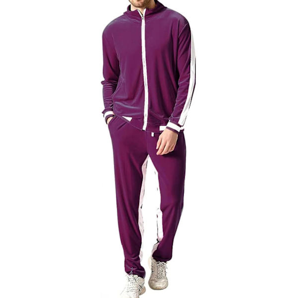 Mjukisdress i sammet för män, avslappnad jacka och byxor Purple XL