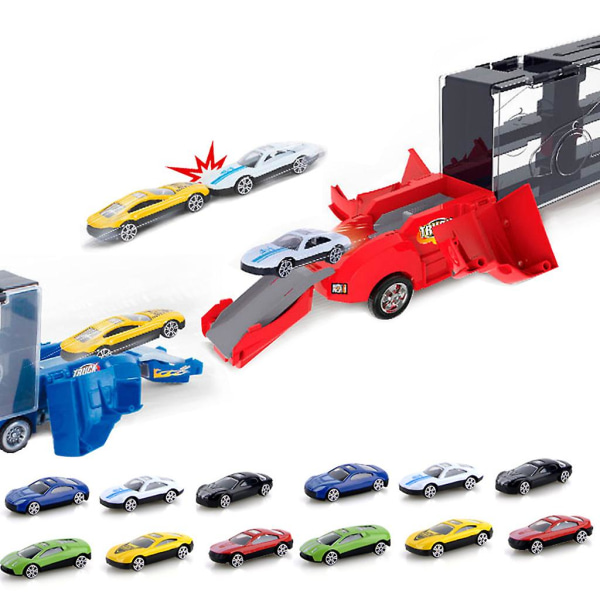 Transportbil för bärare lastbil leksak med 12 minilegering Färgglada för bilar hjul Blue 6 cars