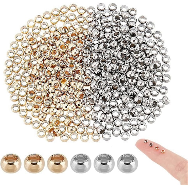 400 st 2 Färger 304 Rostfritt Stål Distanspärlor Glatta Lösa Rondelle Pärlor Stopp Pärlor Metall Crimp Pärla för Halsband Armband Örhänge Tillverkning