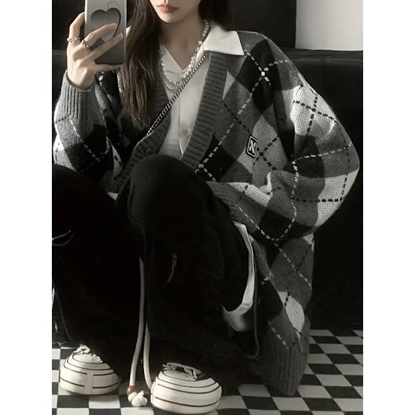 Argyle-mønstret strikket cardigan med knapper, avslappet V-hals langermet genser, dameklær