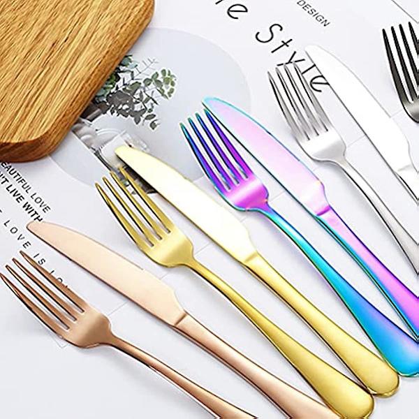 1 Setissä 5 Osainen Ruokailuvälinesetti Sisältäen 2 Haarukkaa + 2 Lusikkaa + 1 Veitsen, Premium Uudelleenkäytettävä Ruokailuvälinesetti Täydellinen Matkustamiseen, Retkeilyyn ja Kotiin Silver