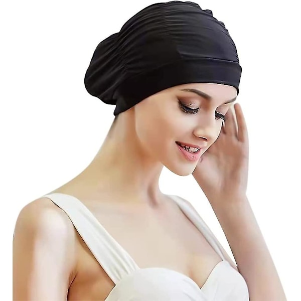 Plissert Badehette Dame Svømmehatt Kvinner Langt Hår Badehette Ørebeskyttelse Svømmehatt Super Elastisk Turban Svømmehette Surfehette S