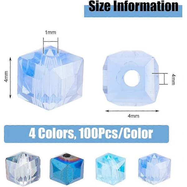 omtrent 400 stk. 4 farger 4 mm firkantede glassperler fasettert kube krystallperler glass kube avstandsperler transparente glassperler tråder for smykkelaging Hol