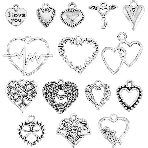 1 Æske 90 stk. 15 Stilarter Hjerte Charms Hjerter Charm Valentinsdag Assorteret Kærligheds Charms Kollektion Tibetansk Stil Legering Mors Dag Charm til Smykkefremstilling