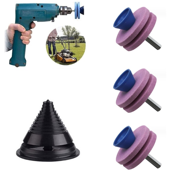Slibesæt til plæneklipperknive, sæt med 3 (pink), 1 universal plæneklipperbalancer, til enhver elektrisk boremaskine og håndboremaskine, roterende slibning, dobbeltlags slibesten