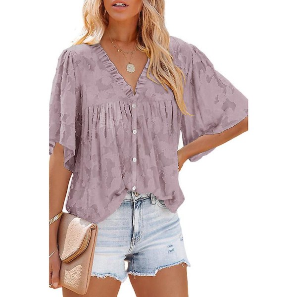 Kvinners V-hals Chiffon Trykte V-hals Avslappede Bluse Skjorte Topper Purple M