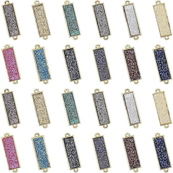 1 Ask 24 Stk 12 Färger Resin Druzy Berlocker Rektangulära Länkar Kopplingar Glitter Dubbla Slingor Förgylld Flatback Faux Kvarts Ädelsten Berlocker för Armband