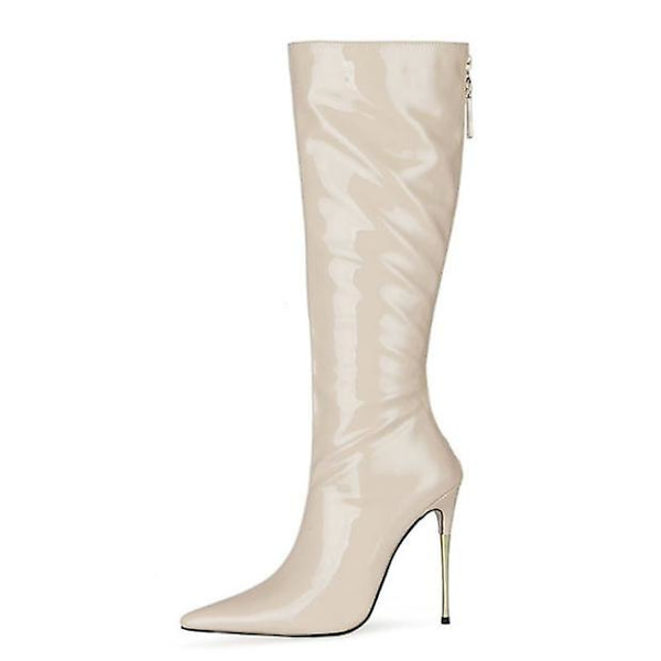 Dame Patent Læder Pu Høje Støvler Spids Tå Lynlås Bagpå Sexede Stiletstøvler Beige 42