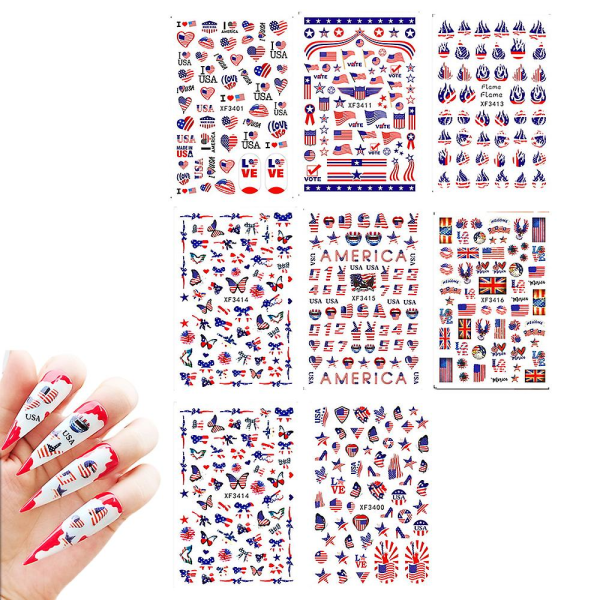 4 juli Nail Art Stickers,självhäftande Flag Nail Art Dekaler,Independence Day Nageldekorationer, Flame Butterfly Heart Design Acrylic Nail Supply N