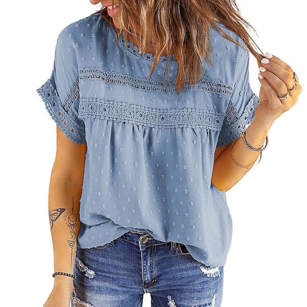 Dame Sommer Toppe Blonde Hæklet Kortærmet Skjorter Casual Bluser Blue M