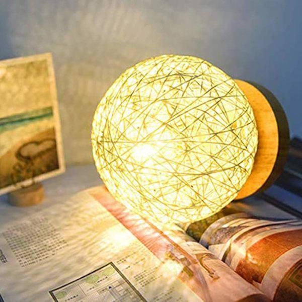 Rattan Sänglampa Rattan Bordslampa Månnattlampa Med Träbas Varm Dekoration För Slutbord Sovrum