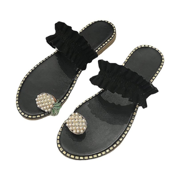 Sandaler för kvinnor Platta, Casual Ring Toe Tofflor Strandskor Black 41