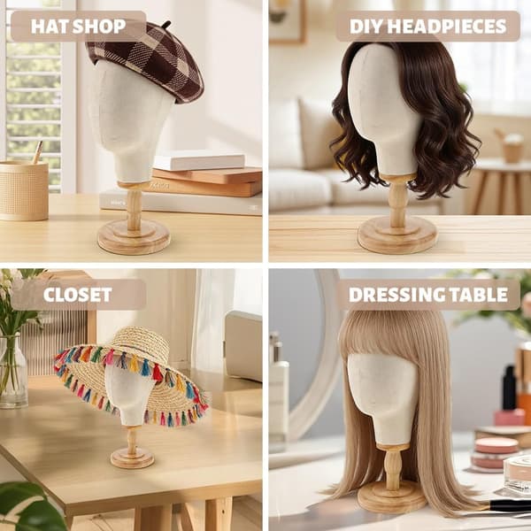 Stiv parykkhode 53 cm utstillingshode i tre for hatter og luer, utstillingshode med styre, dekorativt hode for presentasjon