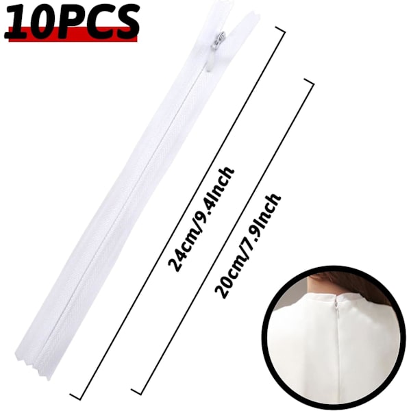 10 stk. 20 cm Usynlige Nylon Glidelåser for Søm og Håndverk, Hvit