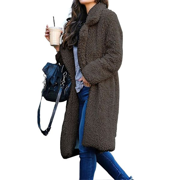 Lang damefrakke med reverskrave, lange ærmer og plys cardigan-overfrakke L Dark Grey
