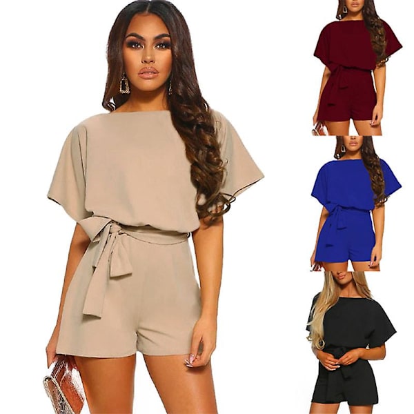 Sommerlige, avslappede jumpsuiter for kvinner, jumpsuiter med korte ermer Khaki L